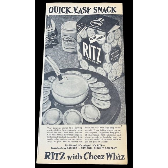 Ritz Crackers and Cheez Wiz Vintage Print Ad 1954 Easy Snack Kitchen Food Decor - Picture 1 of 4